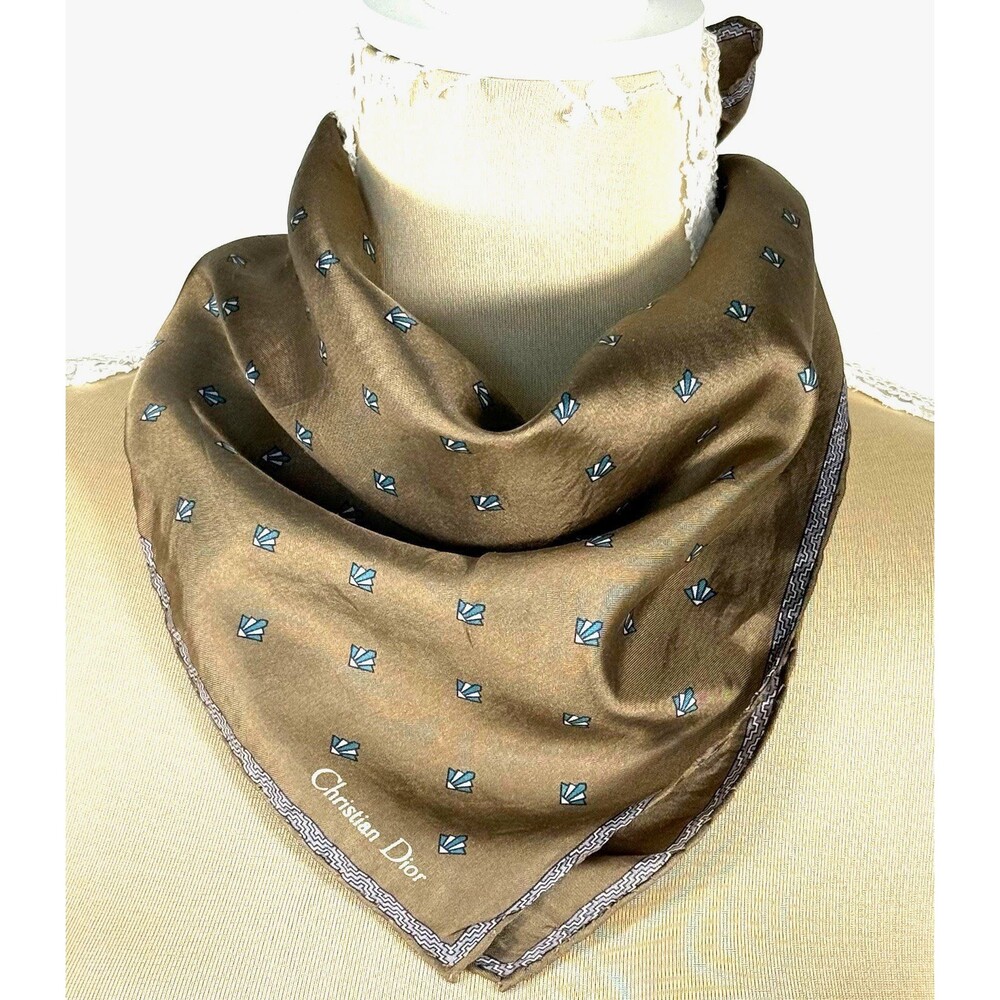 Vintage Christian Dior 100% Silk Scarf 18” Brown Blue Geometric Italy